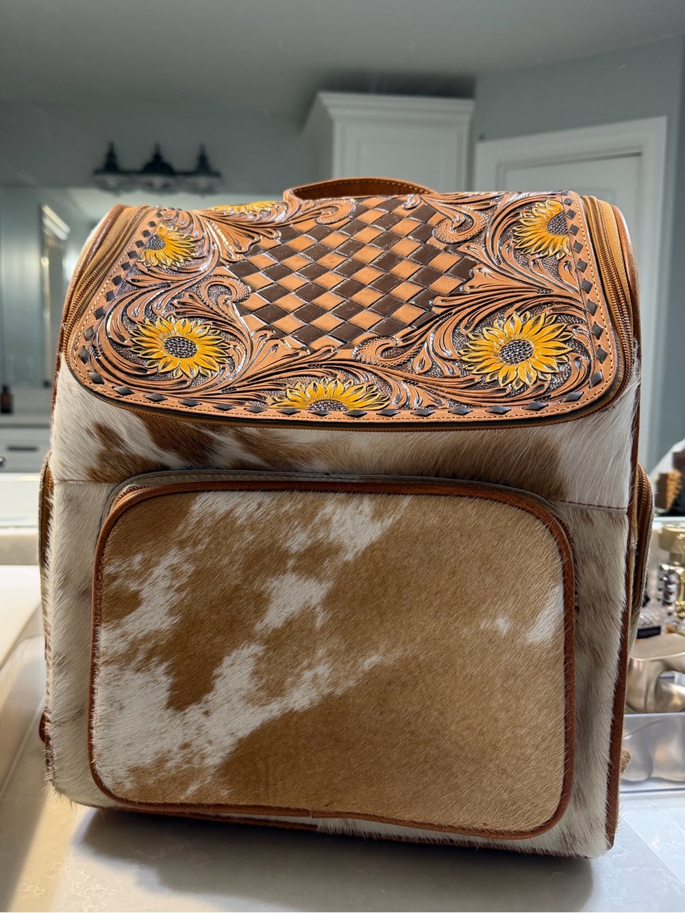 Cowhide & Tooled Floral Leather Backpack - Tan White
